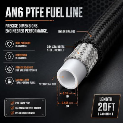 6AN PTFE E85 Fuel Line Hose 20FT Black 5/16 Inch ID - color: 20FT, size: AN6