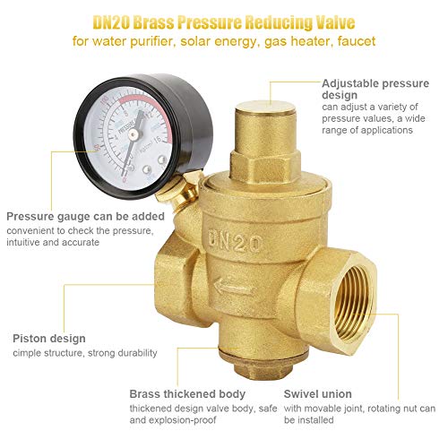 Water Pressure Regulator, Adjustable Brass Valve with Flow Meter Pressure Reducing Valve 3/4 Inch DN20 Thread for Homeowners Plumbers Residential Commercial Water Systems