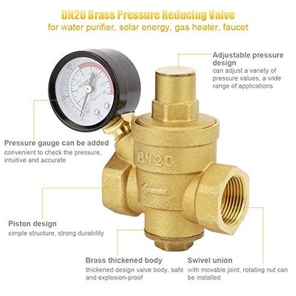 Water Pressure Regulator, Adjustable Brass Valve with Flow Meter Pressure Reducing Valve 3/4 Inch DN20 Thread for Homeowners Plumbers Residential Commercial Water Systems