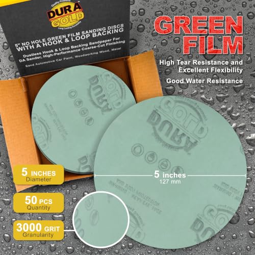 Dura-Gold 5" Green Film Sanding Discs, 3000 Grit, Box of 50, Hook & Loop - size: 3000-Grit