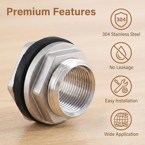 2 PCS Stainless Steel Water Tank Connector, 3/4 Inch Water Tower Fish Tank Adapter,Female Thru-bulk Fitting Bulkhead for Home & Garden - size: 3/4 Inches
