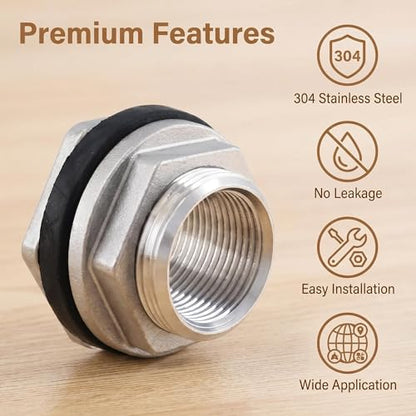 2 PCS Stainless Steel Water Tank Connector, 3/4 Inch Water Tower Fish Tank Adapter,Female Thru-bulk Fitting Bulkhead for Home & Garden - size: 3/4 Inches