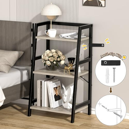 3-Tier Bookshelf, Ladder Shelf, Stand up Shelves, Industrial Bookcase with Steel Frame, Metal Small Bookcase, for Living Room, Home Office, Kitchen, Bedroom, Industrial Style（Greige & Black） - color: Greige & Black, size: 3 Tier (11.8"D x 16.5"W x 31.3"H)