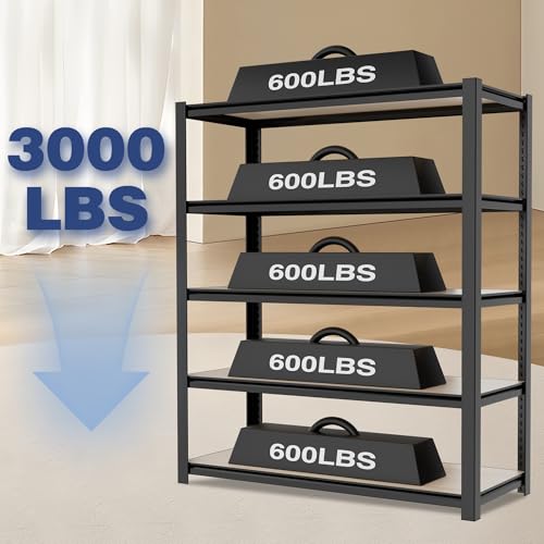 WORKPRO 5-Tier Black Shelving with Board, 48”W x 24”D x 72”H, 3000LBS Load - color: Black, size: 48"W x 24"D x 72"H