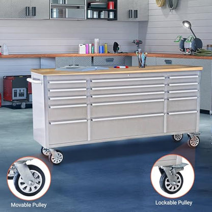72" Heavy-Duty Rolling Tool Chest & Garage Workbench with 15 Drawers, Steel Cabinet, Rubber Wood Top, Key Locking System, Drawer Liners, On Wheels for Warehouse Repair Shop, Silver - size: 72 Inch Silver