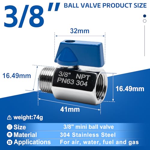2 Pack 3/8" Mini Ball Valve, 304 Stainless Steel Valve NPT Female x Male Thread Shut-Off Valves for Small Compact Space (2, 3/8 Inch) - size: 3/8 Inch