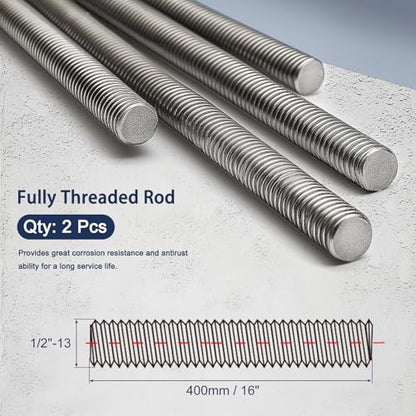 1/2"-13 Fully All Threaded Rod & Studs, 16" Length, 304 Stainless Steel Right Hand Thread Screw for Furniture Anchor Bolts, Clamps, Hangers and U-Bolts 2 Pack - size: 1/2"-13 x 16"