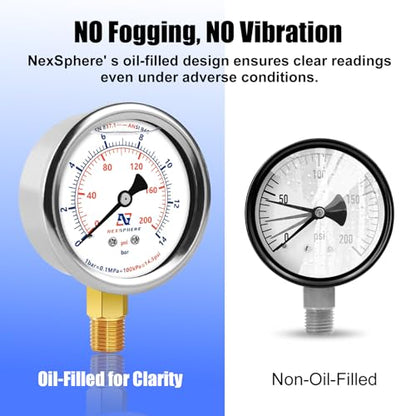 0-200 PSI Liquid Filled Pressure Gauge, 2.5" Dial Size, 304 Stainless Steel Case, 1/4" NPT Lower Mount, Brass Connection, IP67 Waterproof Oil, Water & Air Compressor Pressure Gauge - size: 0-200 PSI, style: Lower Mount