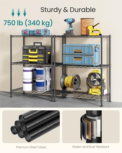 SONGMICS 3-Tier Storage Shelves, Adjustable Wire Shelving Unit, 8 Hooks - color: Ink Black, size: 3 Tiers (11.8"D x 23.6"W)
