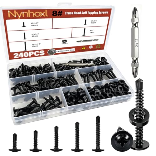 240PCS #8 Truss Head Self Tapping Screws for Metal, 5 Sizes - color: Black, size: BLK 240PCS #8 Kit