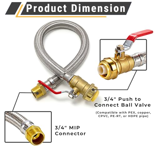 TTFLEX 24" Water Heater Hose 3/4" Ball Valve Push to Connect x 3/4" MIP