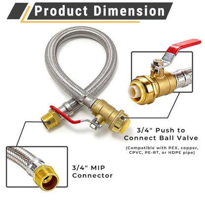 TTFLEX 24" Water Heater Hose 3/4" Ball Valve Push to Connect x 3/4" MIP