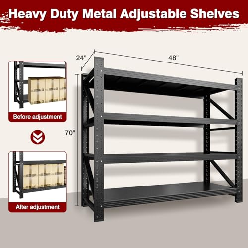 Fesbos 5000LBS Metal Steel Storage Shelves - 71.3" W Black 4 Tier Heavy Duty Rack Commercial Industrial Shelving with Adjustable Shelf for Basement Garage Warehouse - 71.3" W x 24" D x 70" H - size: 71.3" W x 24" D x 70" H