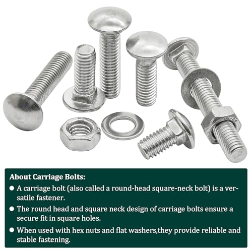 M6 x 12mm Carriage Bolts Kit,304 Stainless Steel Round Head Square Neck Carriage Bolts with Hex Nuts and Flat Washers,Full Thread,Silver(20Sets) - size: M6 x 12mm