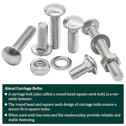 M6 x 12mm Carriage Bolts Kit,304 Stainless Steel Round Head Square Neck Carriage Bolts with Hex Nuts and Flat Washers,Full Thread,Silver(20Sets) - size: M6 x 12mm