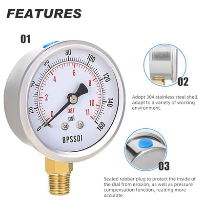 0-160 Psi Pressure Gauge, 2.5" Dial Size, 1/4" NPT Lower Mount, 304 Stainless Steel Case, Water Pressure Gauge Test for Water Pump, Pneumatic Air, RV Hose, Tank, Well Pump(with Tape) - size: 0-160 psi, style: Lower Mount