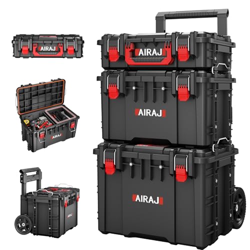 AIRAJ 3 Tier Rolling Tool Box Heavy Duty, Stackable Tool Box with Wheels