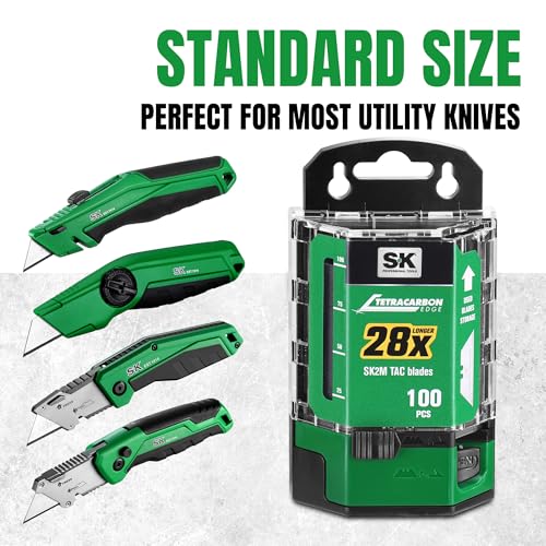 SK 100-Pack Utility Knife Blades, TAC Coated SK2M Steel for 28× Longer Life - style: 100-Pack