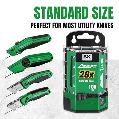 SK 100-Pack Utility Knife Blades, TAC Coated SK2M Steel for 28× Longer Life - style: 100-Pack