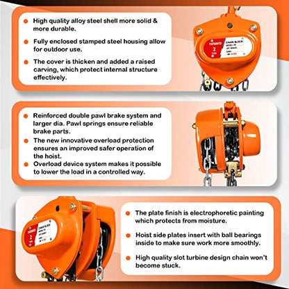 YATOINTO Chain Hoist 2 Ton(4400Lbs) Capacity 20FT Manual Hand Lift Steel Chain Block Hoist with 2 Heavy Duty Hooks Industrial Grade Steel Structures for Garages Automotive Machinery - size: 2 Ton - 20Ft