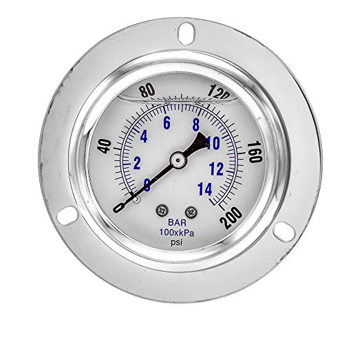 PIC Gauges PRO-204L-254G Panel Mount Front Flanged Glycerin Filled Industrial Pressure Gauge w/ SS Case, Brass Internals, Plastic Lens, 2.5" Dial, 0/200 psi Range, 1/4" Male NPT - style: 0 - 200 PSI