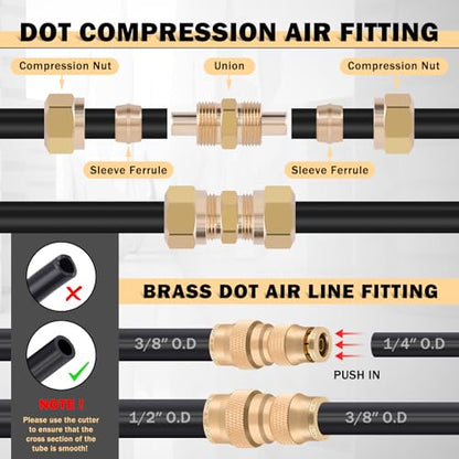 CheeMuii 112PCS Brass DOT Air Line Fittings with 3 Roll 100FT DOT Air Lines - size: 100FT-3ROLL-112PCS