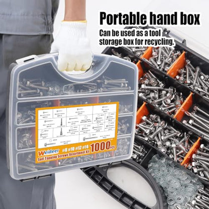 weideer 1000pcs Self Tapping Screws for Metal, #8#10#12#14,410 Stainless Steel Sheet Metal Screws Assortment Kit, Hex Washer Head Self Drilling Screw with Rubber Washer,Length 1/2" to 2'' - size: SV 1000PCS #8#10#12#14 Kit
