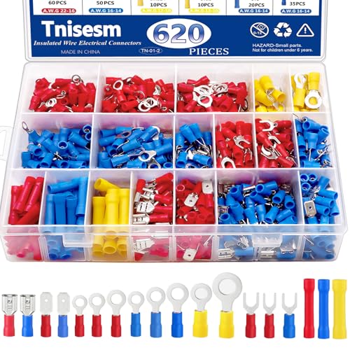 Tnisesm 620Pcs Insulated Wire Crimp Connectors Assortment Kit, Fork Ring Spade Butt Quick Disconnect Terminals Lugs Set, Male/Female Wire Cable Connectors - color: 620PCS, size: Crimp style
