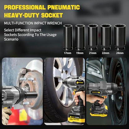 JEXUGK 2200Nm Cordless Impact Wrench, 1/2" Electric Impact Gun with 2 x 6.0Ah Batteries, 21V Brushless High Torque Impact Wrench with 5 Pneumatic Sockets, Impact Driver for Truck Tire Lug Nut Removal