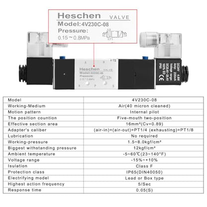 Heschen Electrical Pneumatic 4 Solenoid Valve, 4V230C-08, 24VDC, PT1/4, 5 Way 3 Position, Manifold Base, Muffler, Quick Fittings Set, CE
