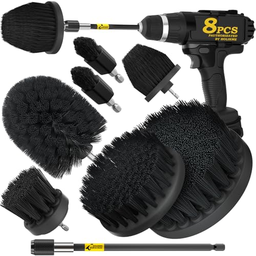 Holikme 8Pc Drill Brush Set - Scrub Brushes with Extension for Home Clean - color: Black
