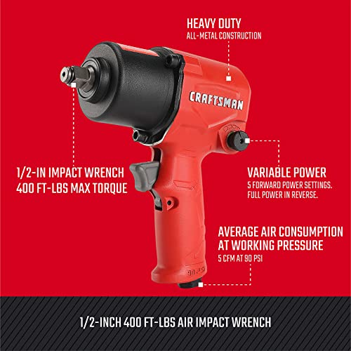 CRAFTSMAN ½-in 400-ft-lbs Air Impact Wrench, Heavy-Duty All-Metal Build, Variable Power Settings, 5 SCFM at 90 PSI