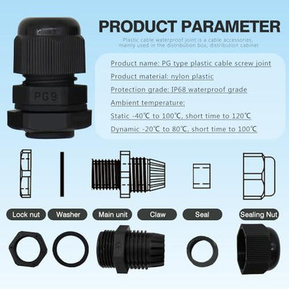 MAKERELE PG9 Cable Gland Waterproof IP68 Wire Gland, 4-8.2mm, 20 PC, Black - size: PG9/20PCS/BAG