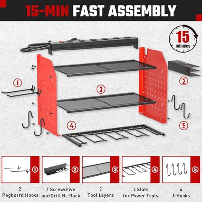 Power Tool Organizer Wall Mount 3 Layer Charging Station with 6 Outlets - color: Red