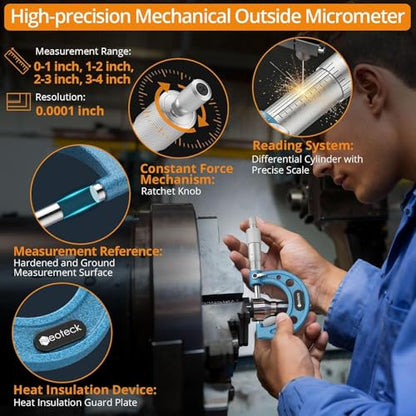 Neoteck 0-4"/0.0001" 4PCS Outside Micrometer Set Hardened Steel Micrometer - size: 0-4"-4Pcs