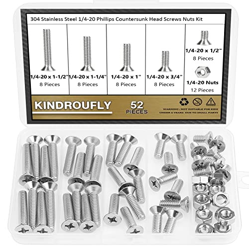 52 Pieces 1/4-20x 1/2", 3/4", 1", 1-1/4", 1-1/2", Phillips Countersunk Head Machine Screws Nuts Assortment Kit, 304 Stainless Steel, Fully Machine Thread - size: 1/4"-20
