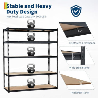 GarveeTech Heavy Duty Garage Shelving Unit, 60 in L x 24 in D x 72 in H - color: Black, size: 60" L x 24" W x 72" H