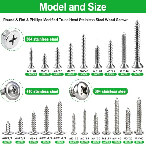 1000PCS Wood Screws Assortment Kit,#8/M3/M4/M5/M6 Assorted 304 Stainless Steel Marine Grade Screws,Pan & Flat & Phillips Truss Head Assorted Screws(1/2" to 2" Length) - color: Silver-1000PCS