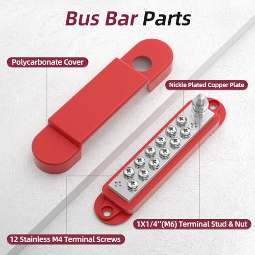 Bus Bar 12V 150A Power Distribution Block 1/4" Stud & 12 x #8 Terminal Screws 12 Volt Positive Battery Marine Bus Bar for Solar Battery Wiring, Marine, Boat and Automotive - style: Red