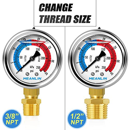 MEANLIN MEASURE 1/4" NPT 0-35psi Pressure Gauge, 2" Dial Glycerine Filled Pool Filter, 304 Stainless Steel Housing, Lower Mount, with 1/2" NPT and 3/8" NPT Hex Bushing - size: 0-35Psi/0-250Kpa, style: Lower Mount
