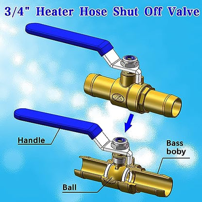 3/4'' Heater Hose Shut Off Ball Valves, 2Pcs Brass Barb Shut Off Ball Valves, 3/4'' PEX Shut Off Valves for Heater Hose, with 4Pcs Stainless Steel Clamps, Use for Water, Oil, Gas, Fuel line Fittings - size: 3/4 inch