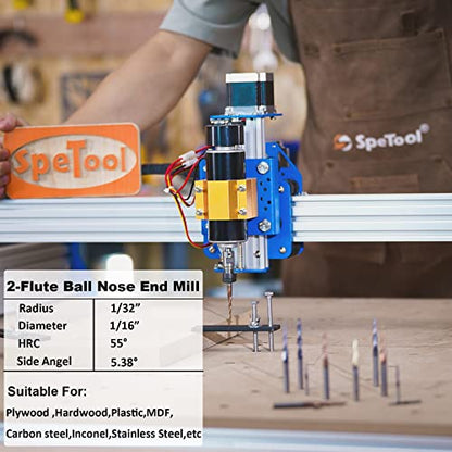 SpeTool Tapered Ball Nose End Mill 1/4" Shank with 1/32" Cutting Radius for 3D Carving Engraving Router Bit, ZrN Coated - size: Dia.=1/16