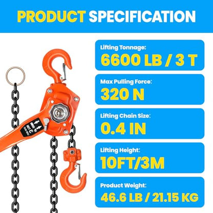 3 Ton Chain Hoist Come Along Winch Heavy Duty, 6600 LBS Capacity G80 Galvanized Chain Come Along, 10FT Lift Double-Pawl Brake Chain Fall Lever Hoist for Industrial Construction Warehouse