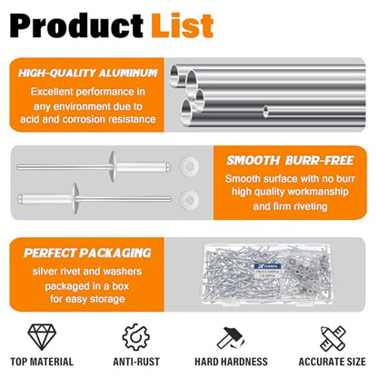 250pcs 1/8" x 1/2" Silver Aluminum Pop Rivets with Stainless Steel Washers 3.2 x 12.7mm Blind Rivet Assortment Kit - size: 1/8*1/2