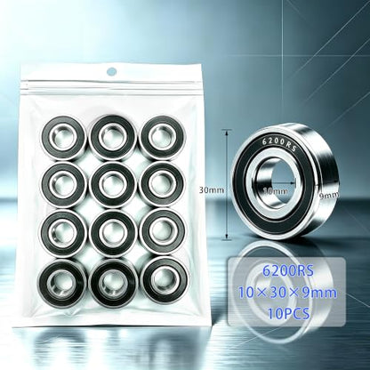 10 PCS 6200-2RS Deep-Groove Ball Bearings, 10x30x9mm-Double Seal Bearings - size: 6200-2RS