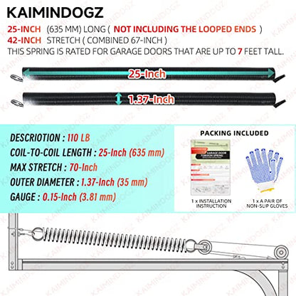 Pair of 110lb. Heavy Duty Garage Door Extension Springs Stretch Springs, 25" Long,Double Loop Ends, High Precision Electrophoresis Black Coated, MIN 16,000 Cycles, for 7ft High Garage Doors - size: 110LB-White