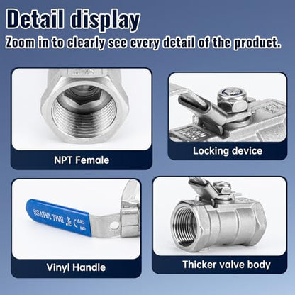 2 Pack 304 Stainless Steel Ball Valves, 3/4" NPT Female Standard Port Shut Off Valve with Locking Handle Heavy Duty 1000 WOG for Home and Industrial (3/4 Inch) - size: 3/4 Inch