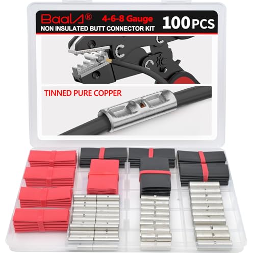 BAALA 100 PCS 4/6/8 Gauge Non Insulated Butt Connectors Kit with Heat Shrink Tube 4/6/8 AWG Butt Splice Connectors Tinned Copper 50PCS Butt Connector Crimp Wire Splice Connectors&50PCS 3:1 Heat Shrink - color: Tinned Copper