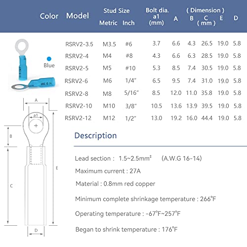 HKS 50 PCS Ring Terminals 1/4" Blue 16-14 AWG - M6 - Electrical Connectors - Heat Shrink Wire Connector Kit - Tinned Red Copper - Automotive Marine Ring Connectors - Waterproof and Insulated - color: Blue, size: 1/4" (M6)