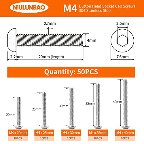 M4 x 20mm 25mm 30mm 35mm 40mm Button Head Socket Cap Screws Bolts, 304 Stainless Steel, Machine Fully Threaded, Metric Allen Hex Drive, Bright Finish, Assortment Kit 50PCS - size: M4 x 20/25/30/35/40mm (50PCS)